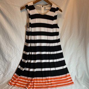 Calvin Klein sleeveless pleated summer dress size 4.  Black/White/Orange